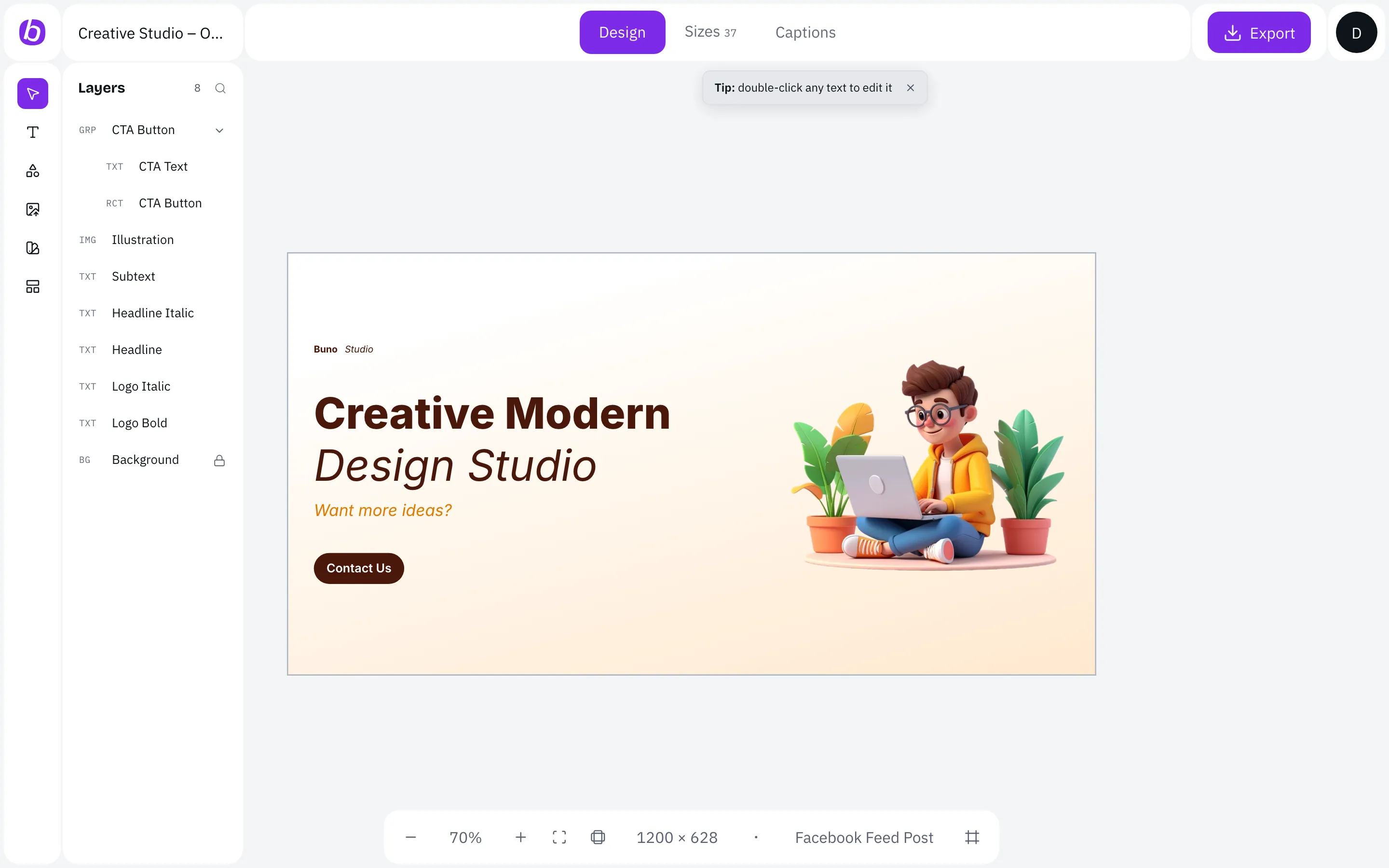 The Buno editor with the Creative Studio master banner on the canvas, the layers panel on the left and design tools on the right.