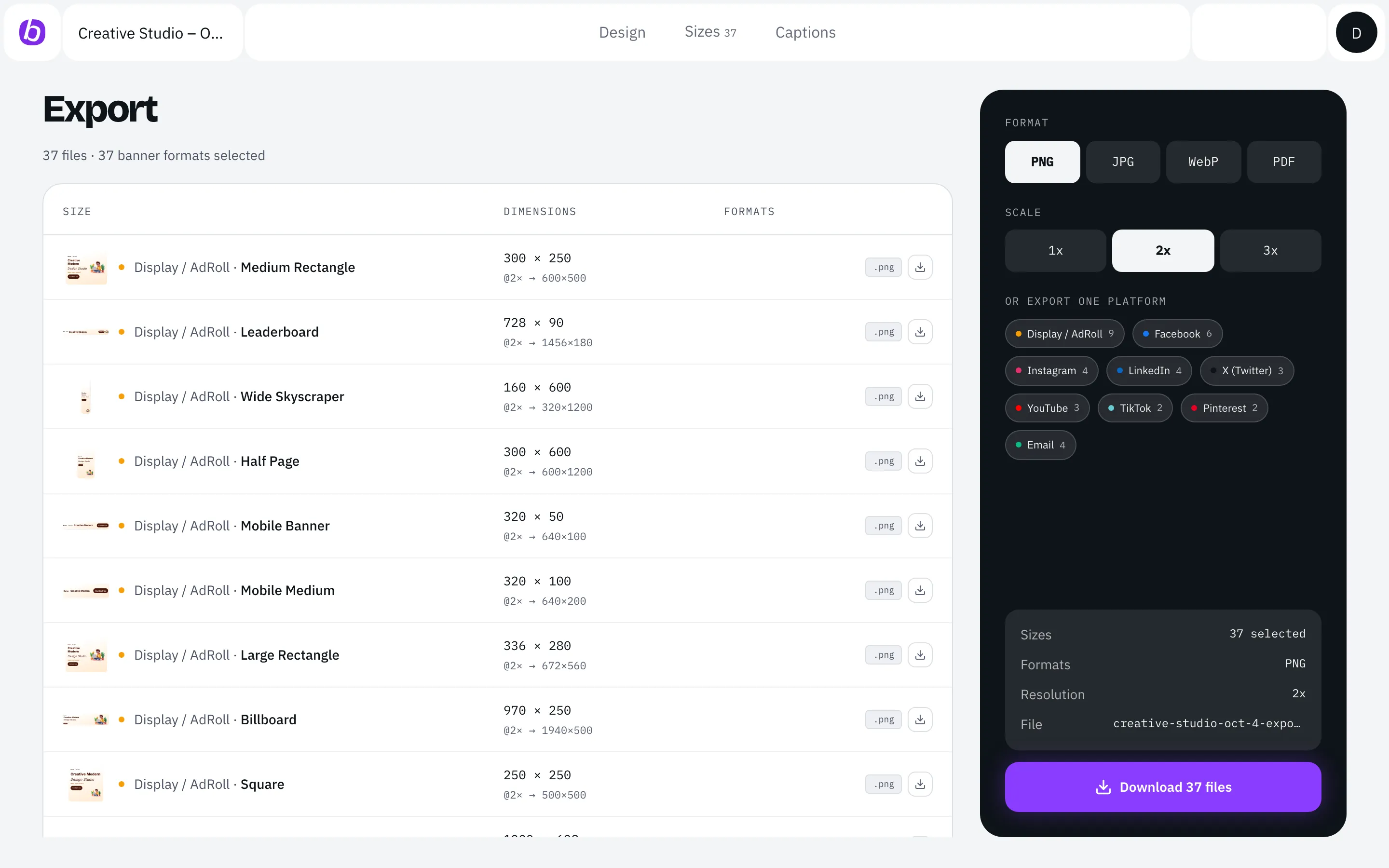 Buno export screen listing every size with format options and a download button.